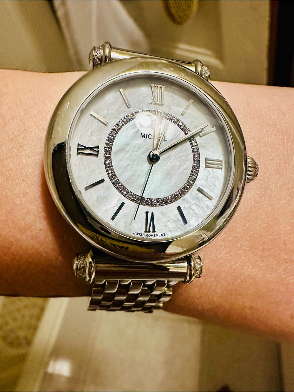 Lk New Michele Diamond Watch Mother Pearl Diamond Watch New Battery All Links - Picture 5 of 9